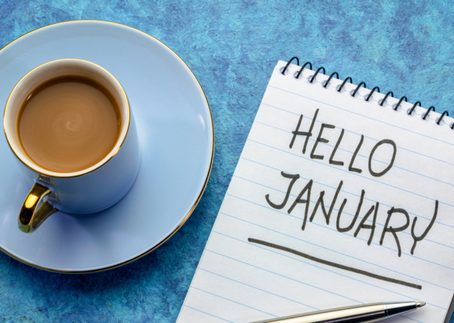 Tea cup and diary with a handwritten note saying hello January, symbolising new beginnings and hope