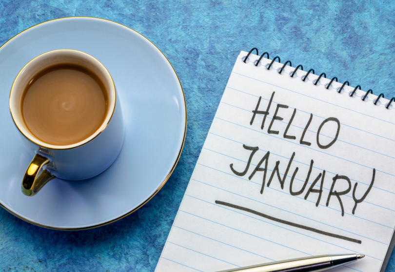 Tea cup and diary with a handwritten note saying hello January, symbolising new beginnings and hope